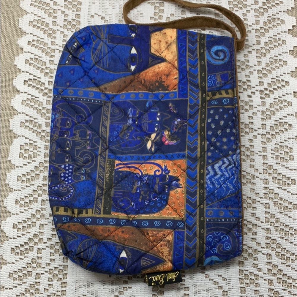 Laurel Burch Blue and Brown Cosmetic Bag with Intricate Patterns